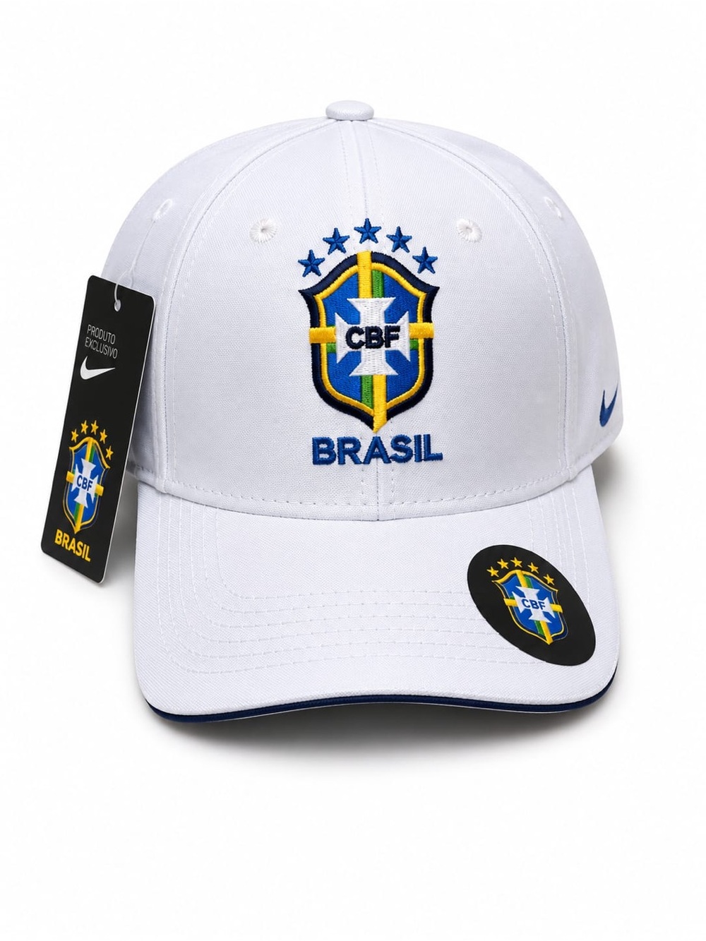 White Brazil Crest Baseball Cap with Blue and Yellow Embroidery